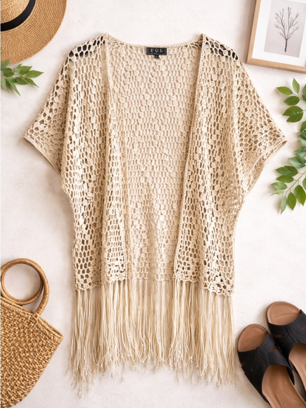 POL Crochet Fringe Cardigan Boho Festival Kimono Open Knit Beach Cover Up S C29
